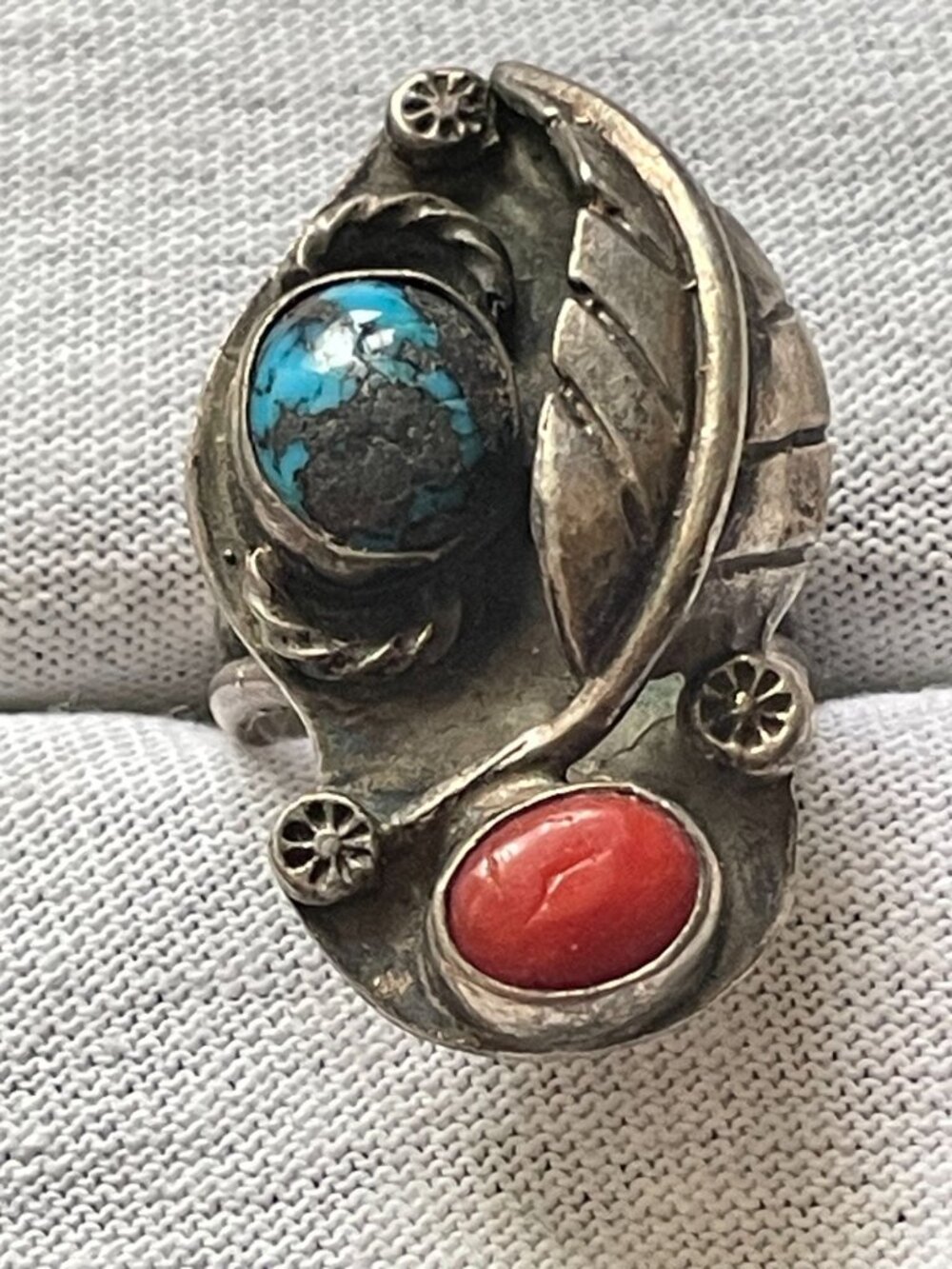 Vintage Heavy Old Pawn Navajo Sterling Silver 1.25" Turquoise Coral Ring Sz 6